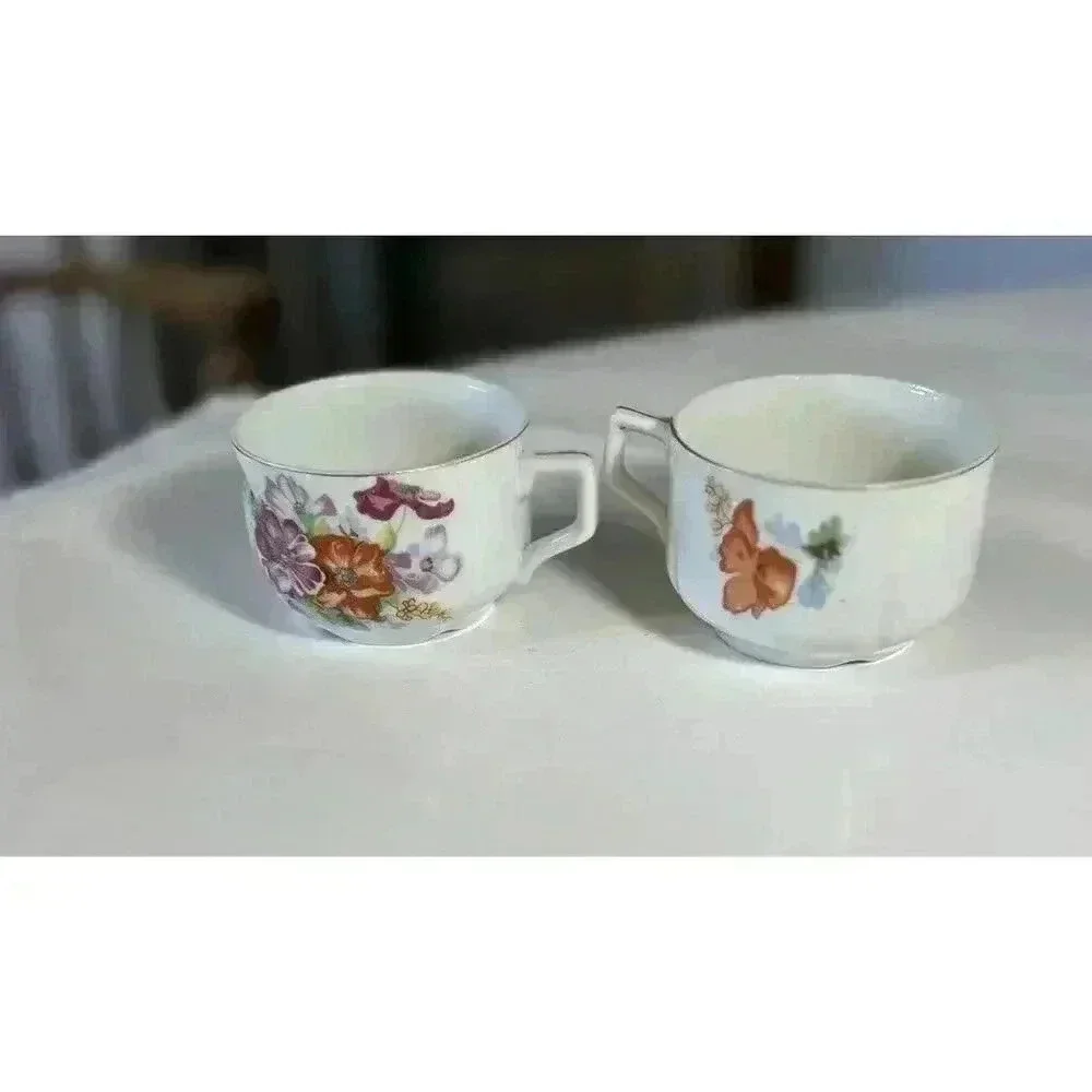 Occupied Japan pair demitasse Cups floral decal bouquet